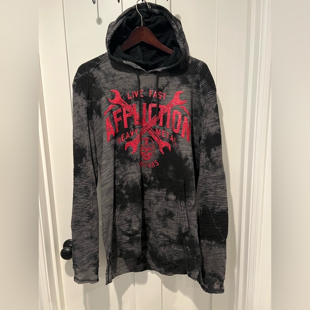 Vintage Y2K Affliction Gray Black Metal Skull Hoodie- Men’s Medium NWOT